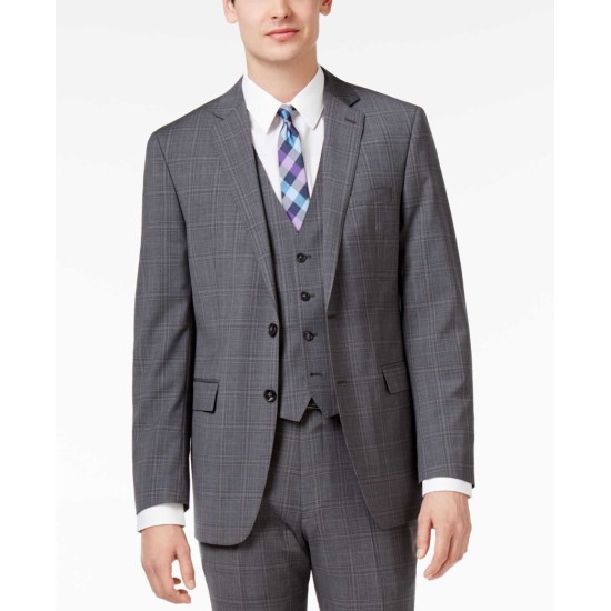  Men’s Big & Tall Slim-Fit Windowpane Plaid Vested Suit 3 pc Garment (Gray/Blue, 42)