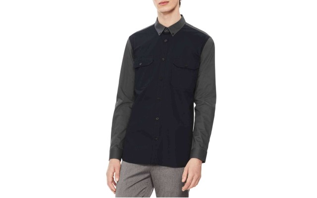  Men’s Colorblocked Twill Shirt (Blue, XX-Large)