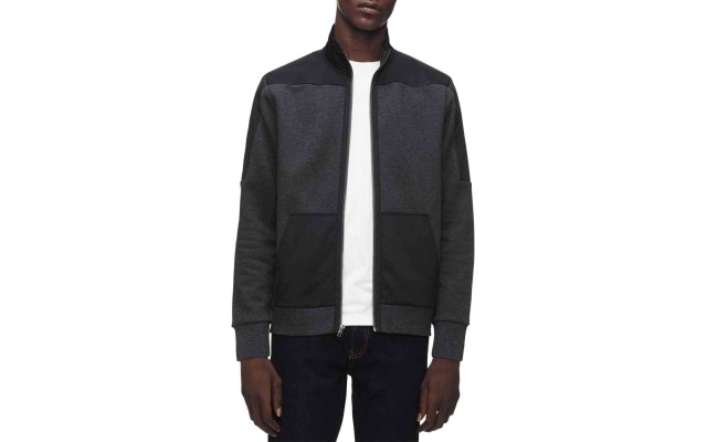  Men’s Mixed-Media Zip-Up Cardigan (Dark Blue, Medium)
