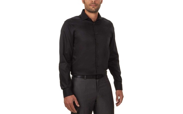  Men’s Non Iron Slim Fit Herringbone Spread Collar  Shirt (Black, 15.5X32-33)
