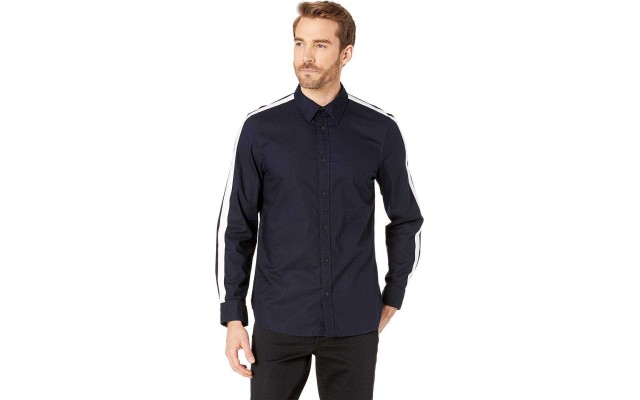  Men’s Set-On Placket Racing Stripe Shirt (Sky Captain, XL)