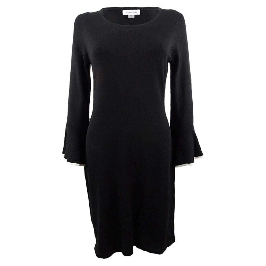  Petite Bell-Sleeve Sweater Dress (Black, Medium)