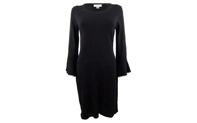 Petite Bell-Sleeve Sweater Dress (Black, Medium)