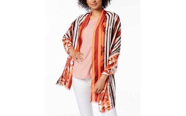  Striped Floral-Print Wrap (Cayenne, One Size)