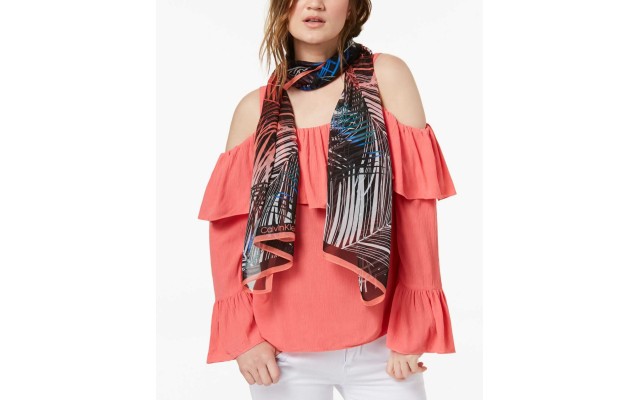  Tropical Ferns Silk Chiffon Scarf (Dark Pink/Multi)