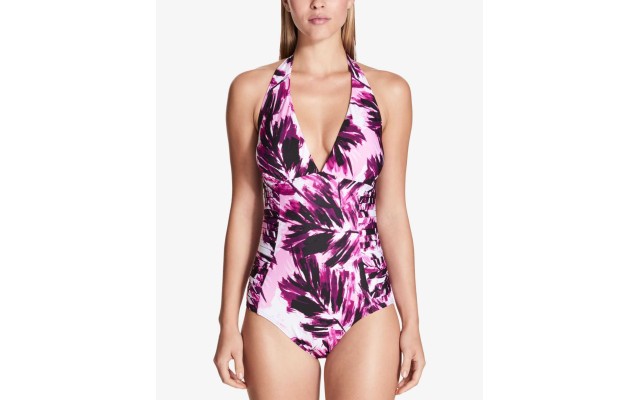  Women's Side-Pleated Halter One-Piece Swimsuit