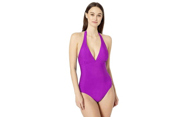  Women's Side-Pleated Halter One-Piece Swimsuit