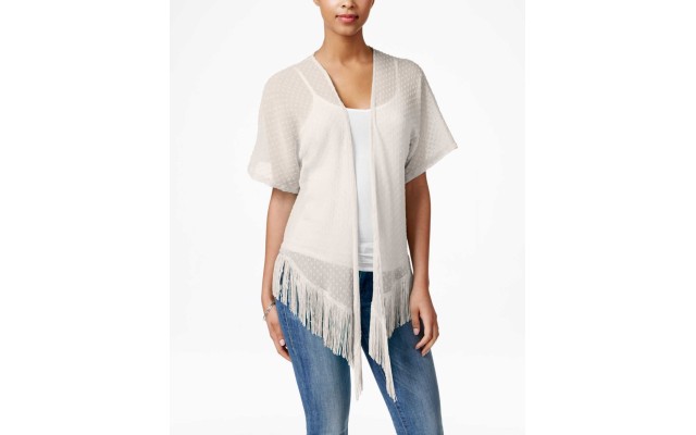  Solid Swiss Dot Fringe Cover Up (One Size, White)