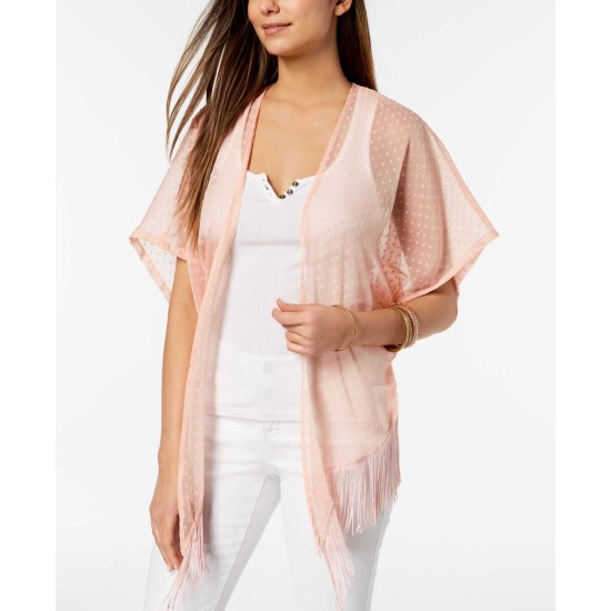 Swiss Dot Fringe High-Low Kimono (Pink, One Size)