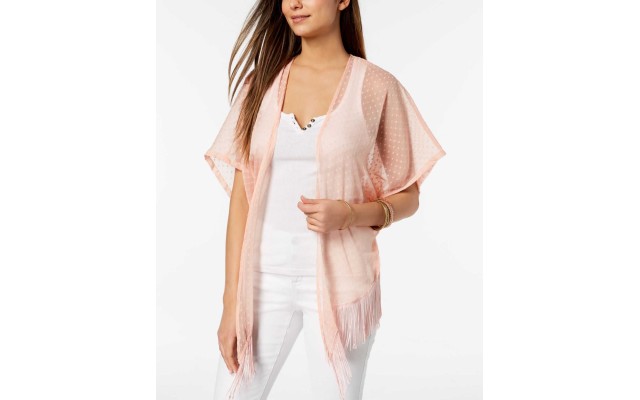  Swiss Dot Fringe High-Low Kimono (Pink, One Size)