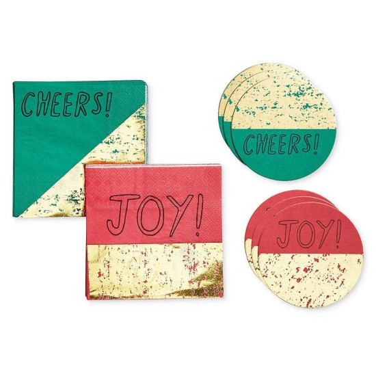  100-Piece “Cheers!” & “Joy” Napkin & Coaster Set (Green/Red/Gold)