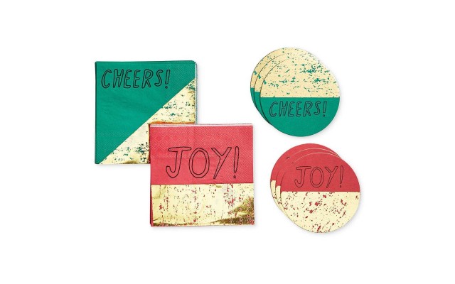  100-Piece “Cheers!” & “Joy” Napkin & Coaster Set (Green/Red/Gold)
