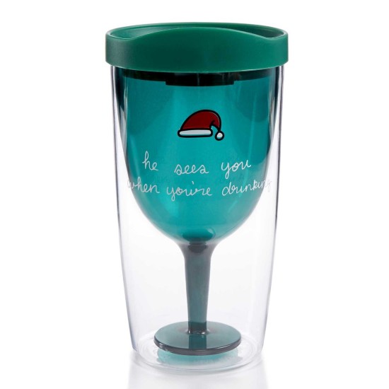  “He Sees You When You’re Drinking” Travel Wine Tumbler with Drinking Lid, Green