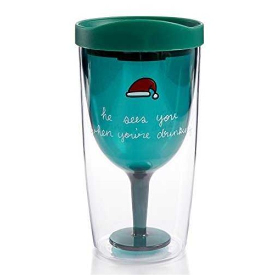 Celebrate Shop “He Sees You When You’re Drinking” Travel Wine Tumbler with Drinking Lid, Green