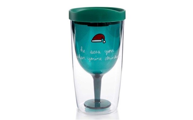  “He Sees You When You’re Drinking” Travel Wine Tumbler with Drinking Lid, Green