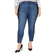 Celebrity Pink Trendy Varsity-Stripe Skinny Jeans (Dark Blue, 20W Plus)