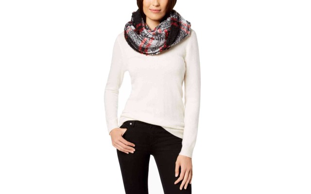  Boucle Plaid Infinity Scarf (Black/Multi, One Size)