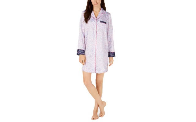  Contrast-Trimmed Printed Sleepshirt (Pink, L)
