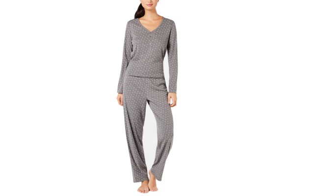  Cotton Long Sleeve Button Front Pajama Set (Gray/3XL)