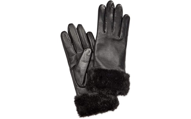  Faux Fur-Cuff Leather Tech Gloves (Black, XL)