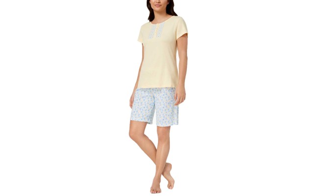  Floral-Placket Cotton Bermuda Pajama Set (Yellow/Blue, XXL)