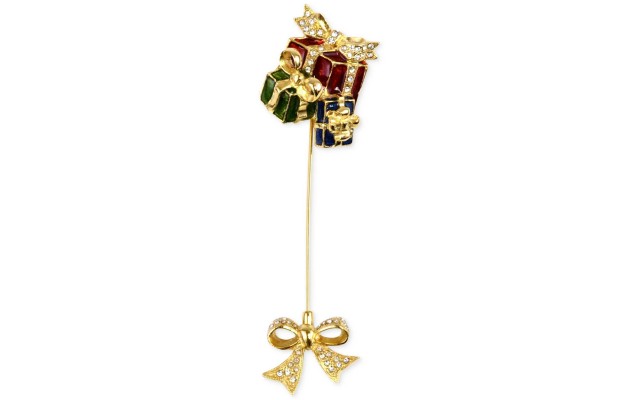  Gold-Tone Pave Gift & Bow Brooch – Gold