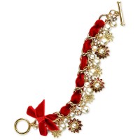 Charter Club Gold-Tone Pave & Imitation Pearl Poinsettia Velvet Ribbon Bracelet – Gold