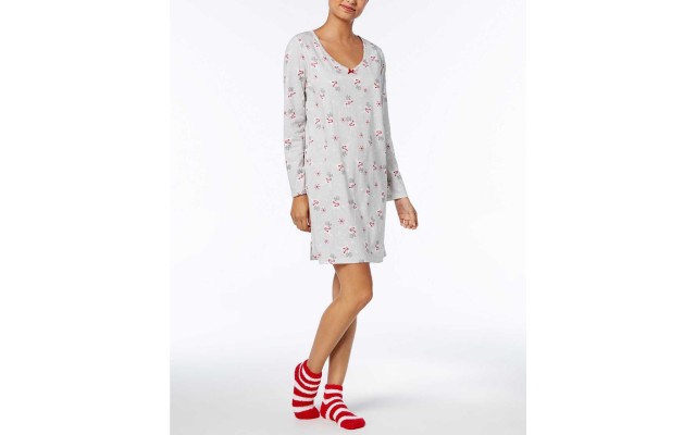  Graphic-Print Cotton Sleepshirt (Gray/Prancing Deer,  S)