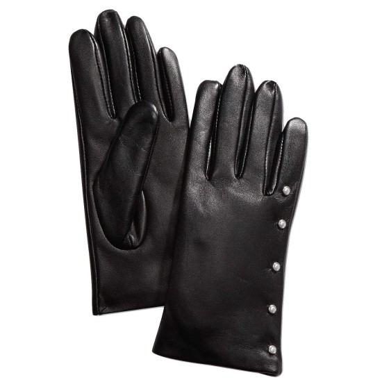  Imitation-Pearl & Leather Touch Gloves (Black, S)