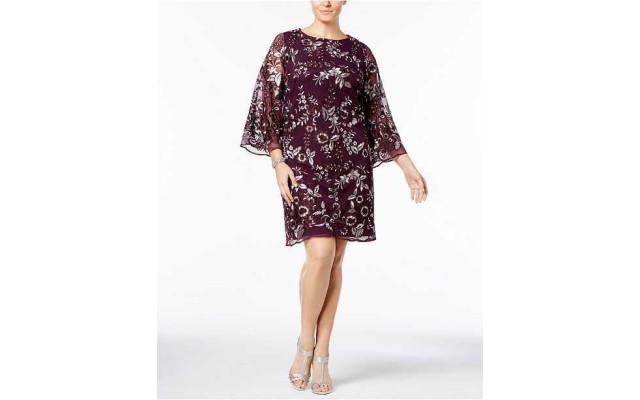  Plus Embroidered Mesh Shift Dress (Dark Purple, 1X)