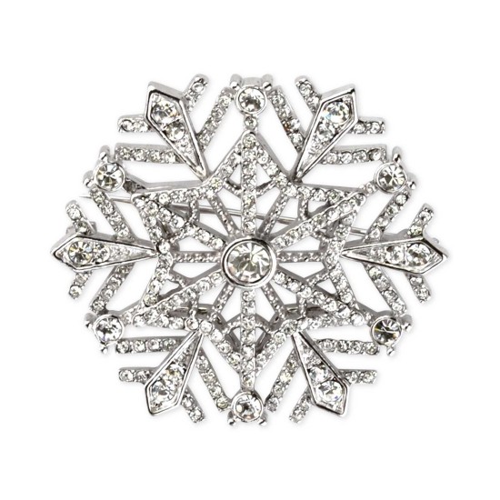  Silver-Tone Crystal Snowflake Brooch – Silver