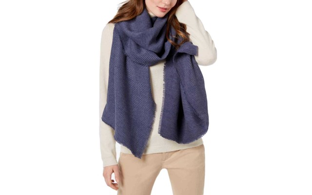  Windowpane Pleated Super-Soft Scarf & Wrap (Navy, One Size)
