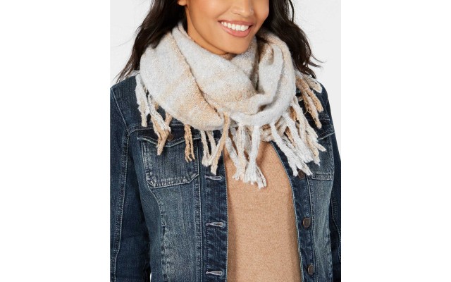  Women's Boucle Plaid Infinity Scarves, White/Multi
