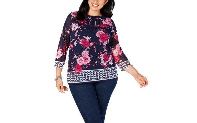  Women’s Plus Size Border-Print Top (Blue, 2X)