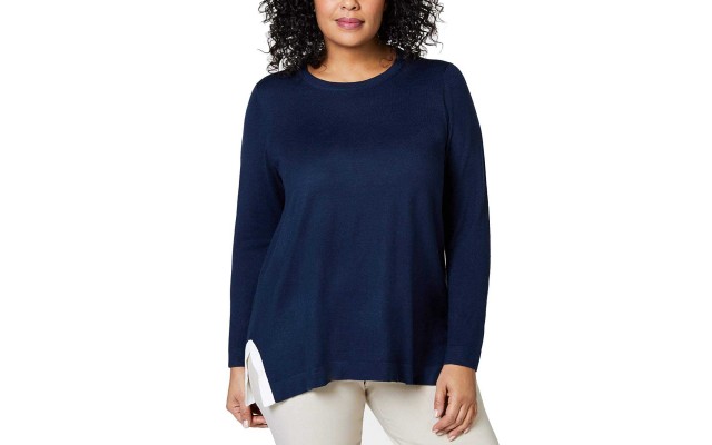  Women's Plus Size Contrast Trim Long Sleeve Pullover Sweaters