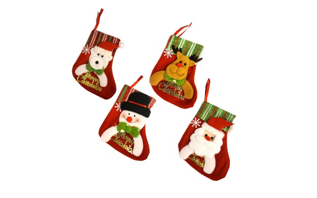 , Set of 4, 3D Christmas Theme Stockings Gift & Candy Bag & Tableware Holder Ornament Animated Santa Reindeer Snowman Dog