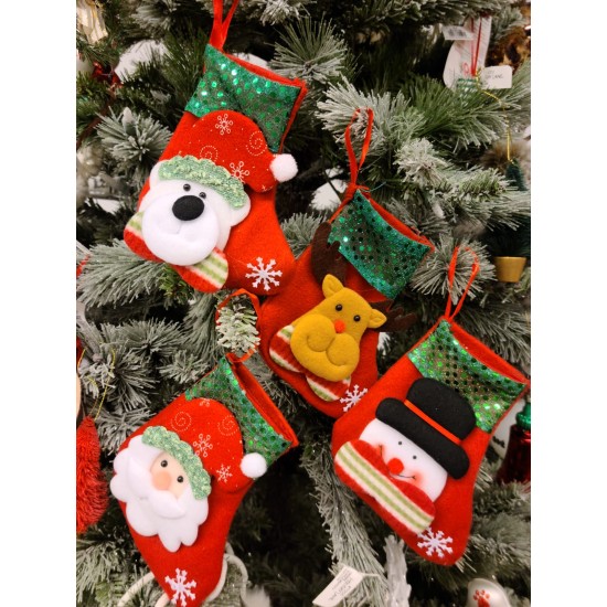 , Set of 4, 3D Christmas Theme Stockings Gift & Candy Bag & Tableware Holder Ornament Animated Santa Reindeer Snowman Dog