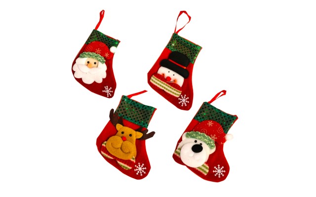 , Set of 4, 3D Christmas Theme Stockings Gift & Candy Bag & Tableware Holder Ornament Animated Santa Reindeer Snowman Dog