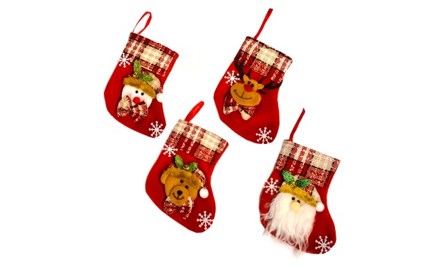, Set of 4, 3D Christmas Theme Stockings Gift & Candy Bag & Tableware Holder Ornament Animated Santa Reindeer Snowman Dog