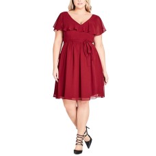 City Chic Flutter-Sleeve Fit & Flare Dress (Medıum Red, 18W Plus)