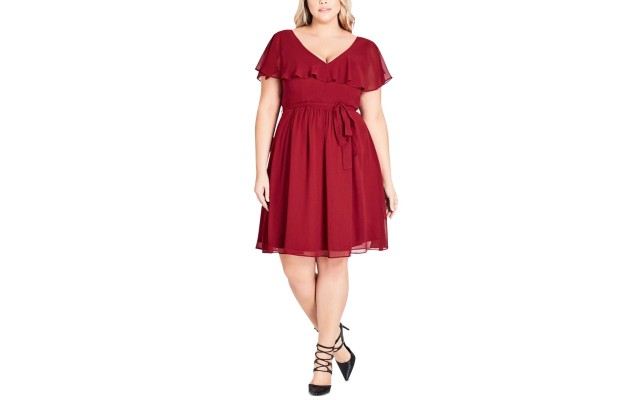  Flutter-Sleeve Fit & Flare Dress (Medıum Red, 18W Plus)