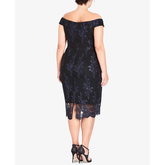  Trendy Floral-Lace Off-The-Shoulder Dress (Dark Blue/Black, 18W)