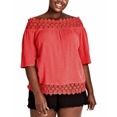 City Chic Trendy Plus Size Grace Embroidered Off-The-Shoulder Top (Medıum Red, 20W Plus)
