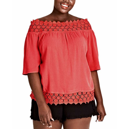  Trendy Plus Size Grace Embroidered Off-The-Shoulder Top (Medıum Red, 20W Plus)