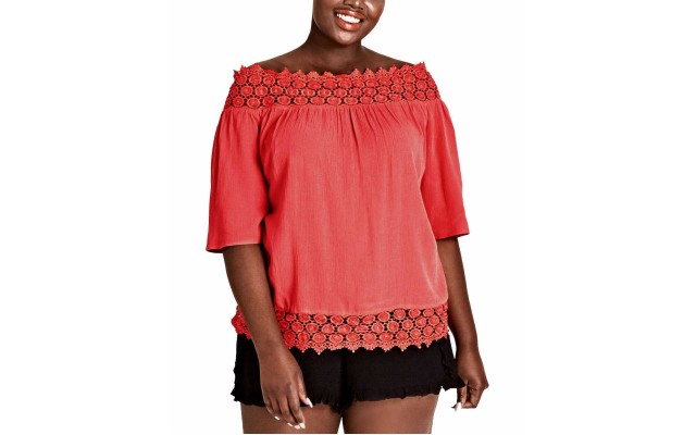  Trendy Plus Size Grace Embroidered Off-The-Shoulder Top (Medıum Red, 20W Plus)