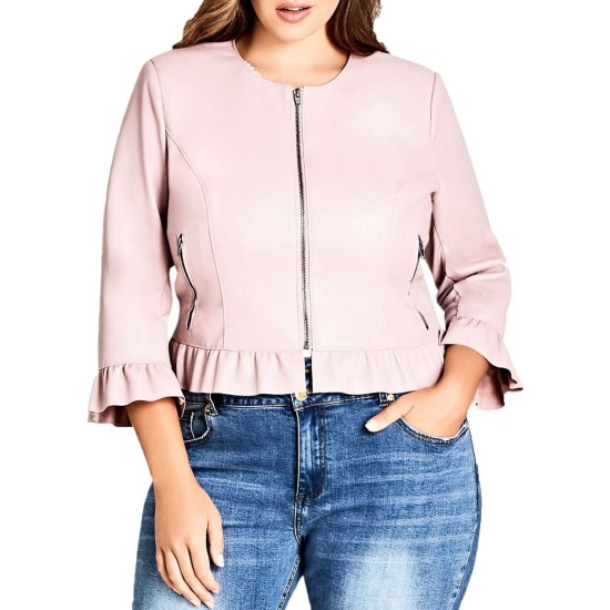  Trendy Plus Size Ruffled Cropped Faux-Leather Jacket (Rose Water, S/16)