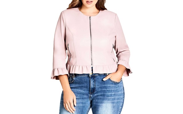  Trendy Plus Size Ruffled Cropped Faux-Leather Jacket (Rose Water, S/16)