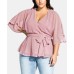  Trendy Plus Size Women’s Elegant Sheer-Sleeve Wrap Blouse Tops