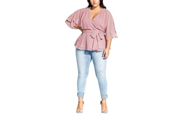  Trendy Plus Size Women’s Elegant Sheer-Sleeve Wrap Blouse Tops