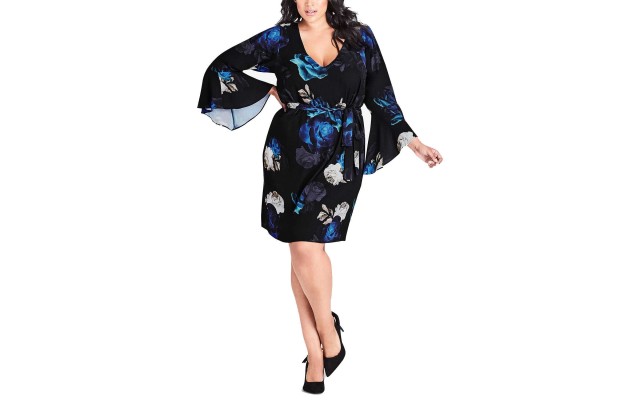  Trendy Printed Bell-Sleeve Dress (Black, 18W)